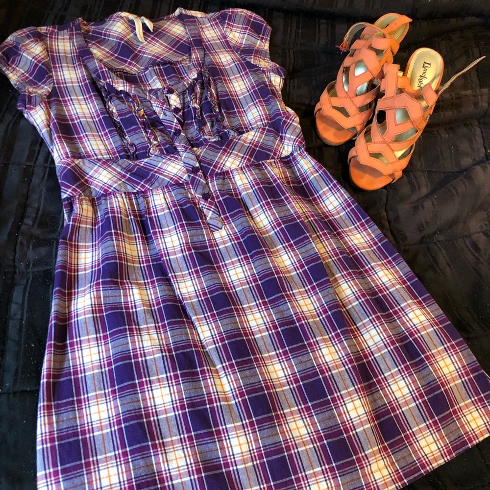 Red Camel Plaid Short Sleeve Ruffle Dress